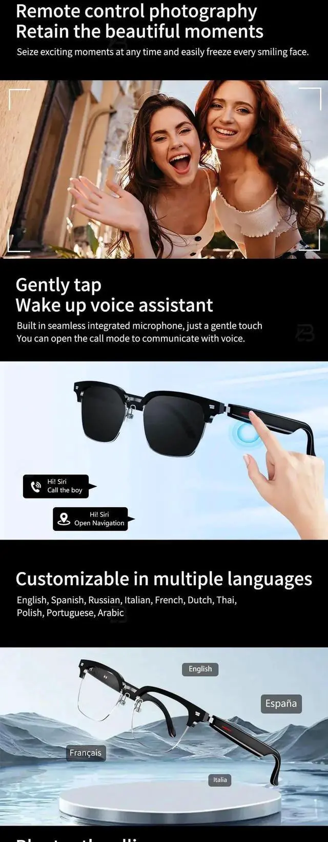 Alt view image 7 of 7 - Smart Glasses 144 AI Languages Translator Chat Intelligent B