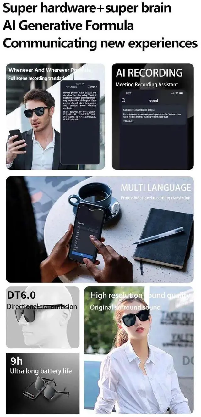 Alt view image 2 of 7 - AI Intelligent Real-time Language Translator Sunglasses Blue