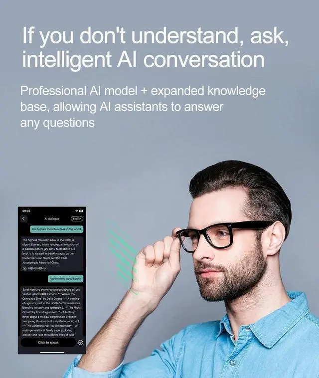 Alt view image 7 of 7 - W100 Smart Glasses 134 Online Language AI Automatic Dialogue