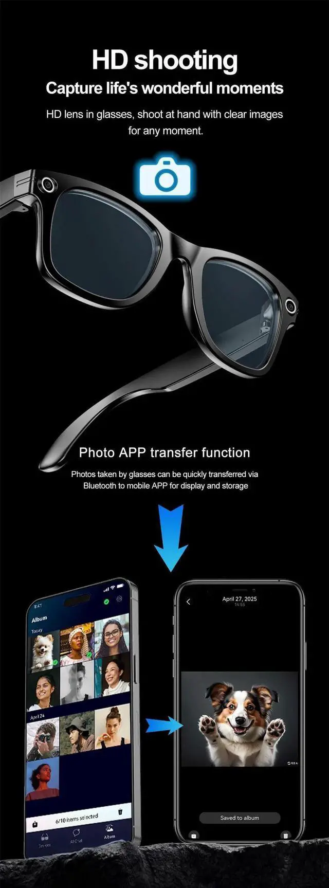 Alt view image 5 of 6 - 2025 Smart Glasses with Camera Headphone 100+Languages AI Tr