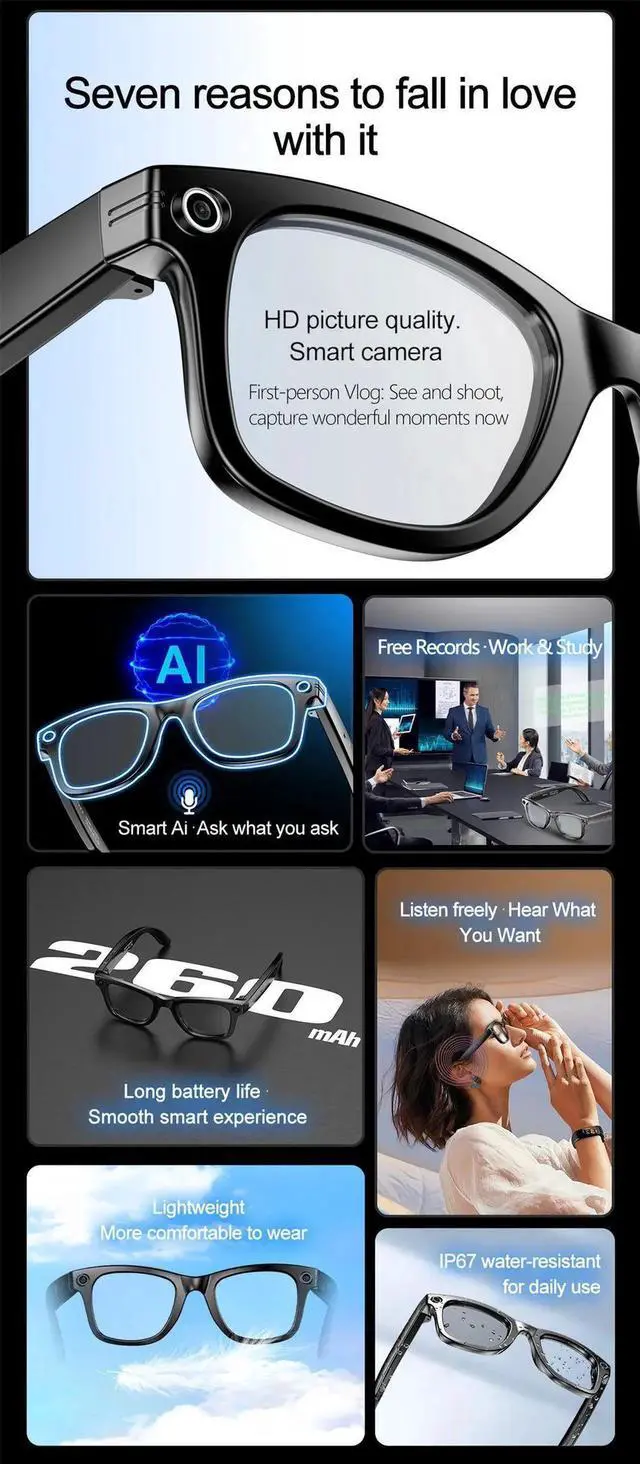 Alt view image 2 of 6 - 2025 Smart Glasses with Camera Headphone 100+Languages AI Tr