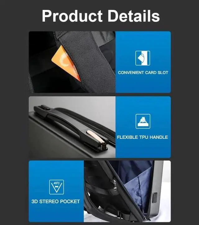 Alt view image 7 of 7 - Bopai 61-93318A Hard Shell Waterproof Expandable Backpack with USB Charging Hole, Spec: Password (Black) Password (Black)