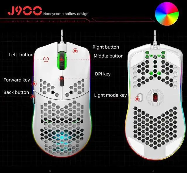 Alt view image 3 of 7 - Programmable RGB Gaming Mouse, 6 DPI (1000/1600/2400/3200/4800/6400) 96g Ultra Lightweight Honeycomb Optical LED Wired Mouse with Programmable 6 Keys RGB Marquee Effect Light White