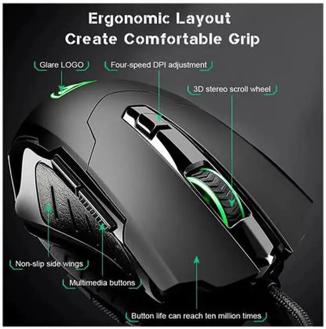 Alt view image 5 of 6 - Gaming Mouse Wired Breathing Light Ergonomic Game USB Computer Mice Multicolor Gamer Desktop Laptop PC Gaming Mouse, 6 Buttons for Windows 7/8/10/XP Vista Linux, Black