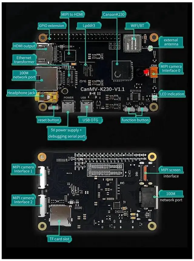 Alt view image 4 of 7 - CanMV-K230 Embedded Dual-Core RISC-V CPU AI Development Board Build-in DPU HD Video Input LCD Display Support Linux,1 set * CanMV K230 development board,Black