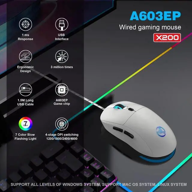 Alt view image 2 of 7 - 6 Keys Wired Gaming Mouse Adjustable 3600dpi 7 Colors RGB Co