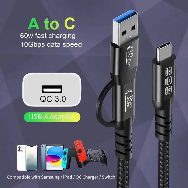 Alt view image 3 of 7 - USB2.0 A to USB C 3.2 Type C 20Gbps Male to Male Detachable 1m 3.3ft Cable Data Extension 10Gbps 240W Fast Charge 8K Ultra HD Video Data Connection Power Line