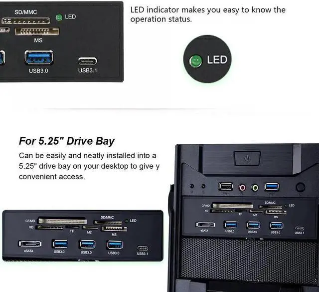 Alt view image 2 of 5 - STW 5.25" Internal Card Reader Media Multi-Function Front Panel Type-C & 3.0 Support CF SD,MS,XD,M2 MSO, eSATA Adapter Card