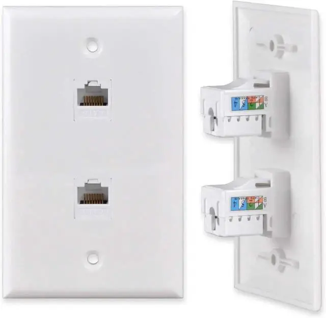 Main image of 2-Port CAT 6 Ethernet Wall Plate, RJ45 Ethernet Punch Down Keystone Inserts Jack Network Wall Plate Panel - Cat6/5/5e Compatible (1-Pack)