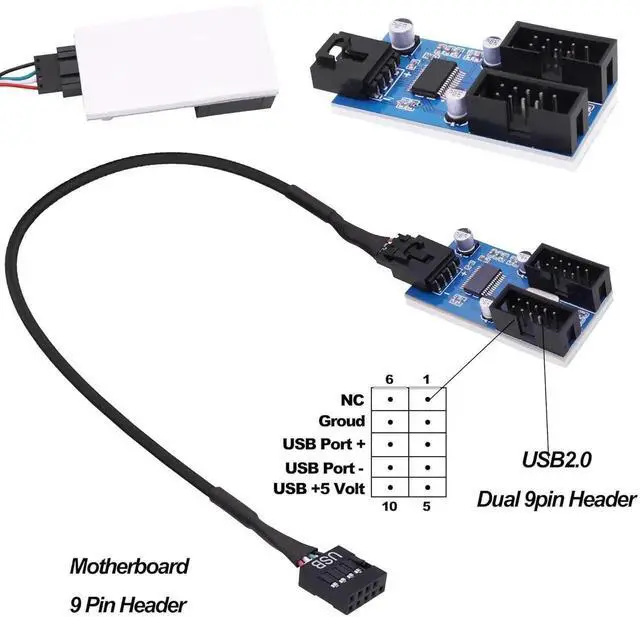 Alt view image 3 of 7 - USB 2.0 Hub Header Splitter 9 Pin Motherboard Header 1 Male to Dual 2 Internal USB 2.0 Female Hub Adapter Splitter Extension Cable for CPU WiFi Card -30CM/0.98FT