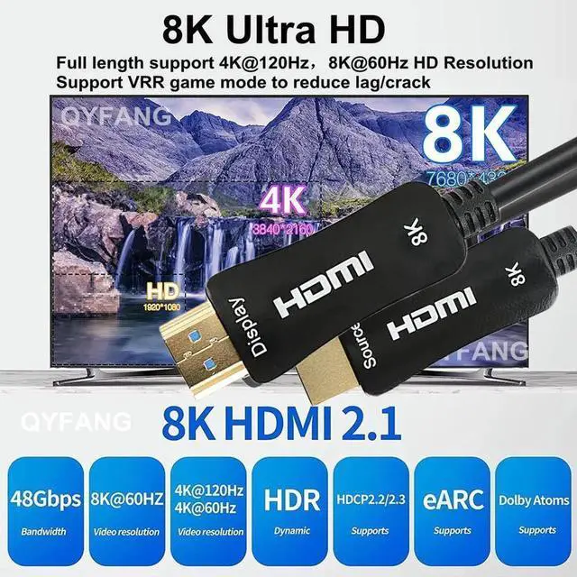 Alt view image 6 of 7 - 8K Fiber Optic HDMI 2.1 Cable 16FT/5M,8K60hz 4K120hz 4K144hz HDCP 2.3 2.2 48Gbps Ultra High Speed Compatible with Apple-TV Dolby Vision Atmos PS5 PS4, Xbox, RTX 3080 3090