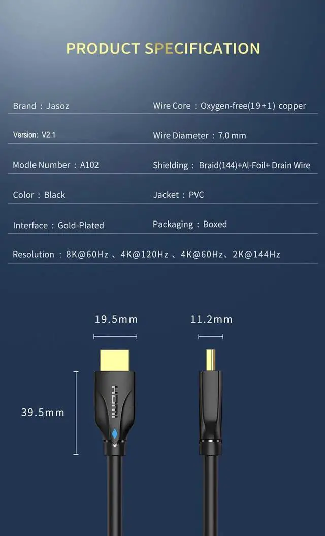 Alt view image 5 of 7 - 3FT/6FT/10FT/16FT/30FT4K120Hz HDMI2.1 Gaming Cable 48Gbps Ultra High Speed (8K@60Hz 7680x4320, 4K@120Hz) HDCP 2.2&2.3, eARC,HDR10, Dynamic HDR, Compatible with Roku TV/HDTV/PS5/Blu-ray - 6 ft.