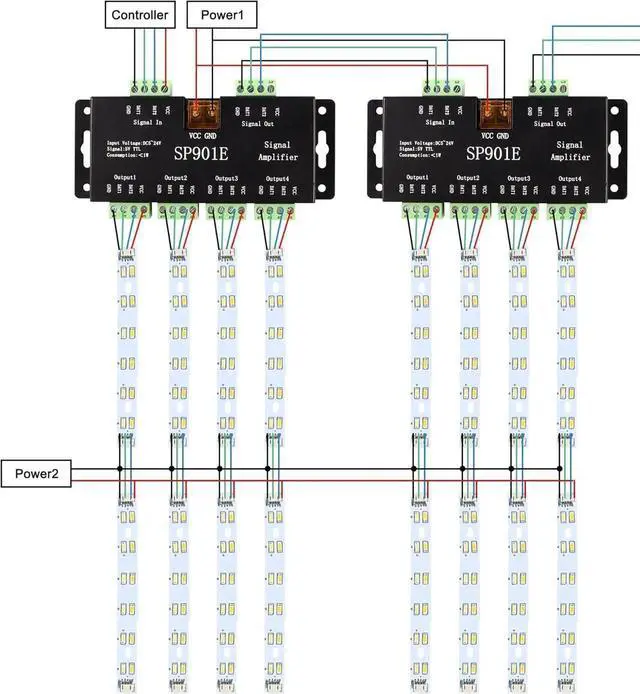 Alt view image 3 of 6 - SP901E LED Pixel Strip Amplifier Controller Signal Data SPI Repeater DC 5V-24V for WS2812B WS2811 SK6812 RGB LED Strip Lights