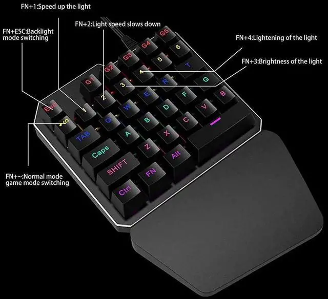 Alt view image 6 of 6 - One Handed Mechanical Gaming Keyboard , Mechanical Portable RGB LED Backlit Game Keyboard with Keypad for LOL/PUBG/Wow/Dota/OW/Fps Game, Blue Switches, 35 Keys