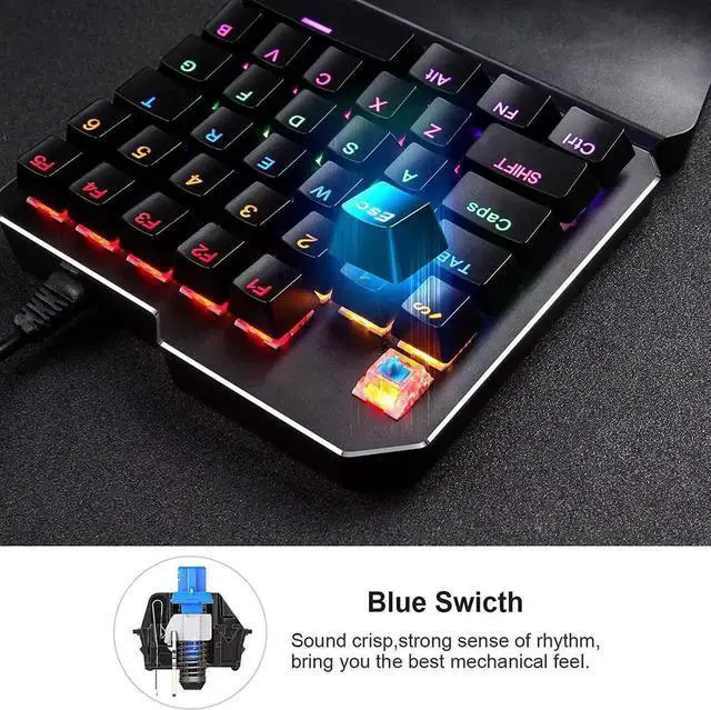 Alt view image 2 of 6 - One Handed Mechanical Gaming Keyboard , Mechanical Portable RGB LED Backlit Game Keyboard with Keypad for LOL/PUBG/Wow/Dota/OW/Fps Game, Blue Switches, 35 Keys