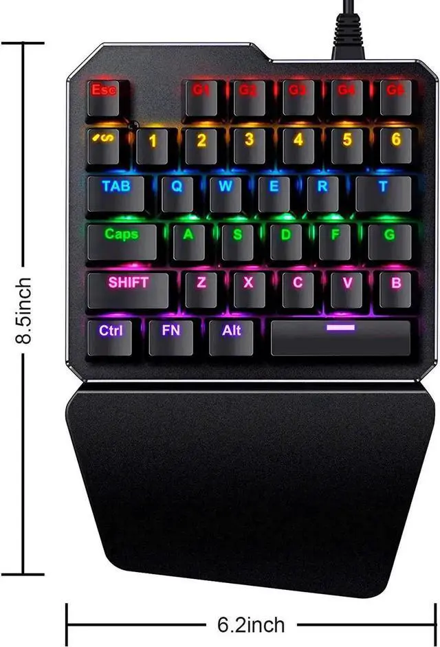 Alt view image 4 of 6 - One Handed Mechanical Gaming Keyboard , Mechanical Portable RGB LED Backlit Game Keyboard with Keypad for LOL/PUBG/Wow/Dota/OW/Fps Game, Blue Switches, 35 Keys