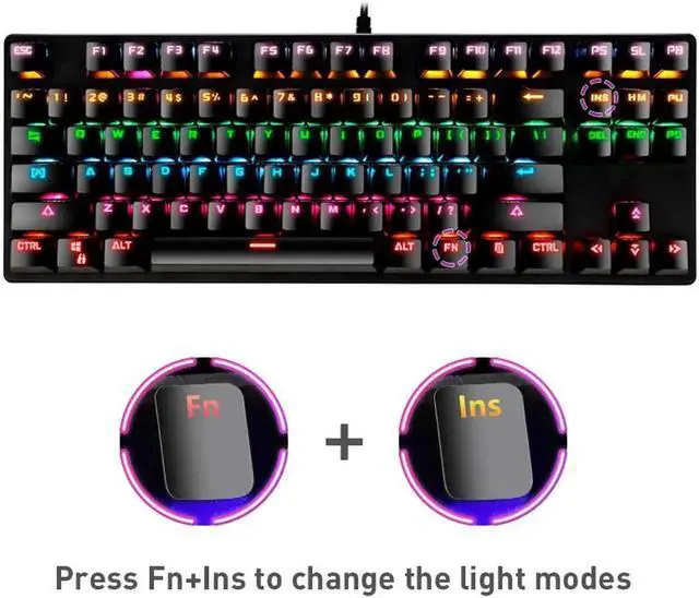 Alt view image 4 of 7 - Mechanical Keyboard 87 Keys Small Compact Multicolour LED Backlit Wired USB Gaming Keyboard with Blue Switches, Metal Construction, Water Resistant for Windows PC Laptop game