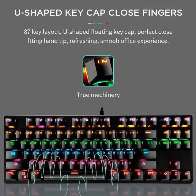Alt view image 2 of 7 - Mechanical Keyboard 87 Keys Small Compact Multicolour LED Backlit Wired USB Gaming Keyboard with Blue Switches, Metal Construction, Water Resistant for Windows PC Laptop game