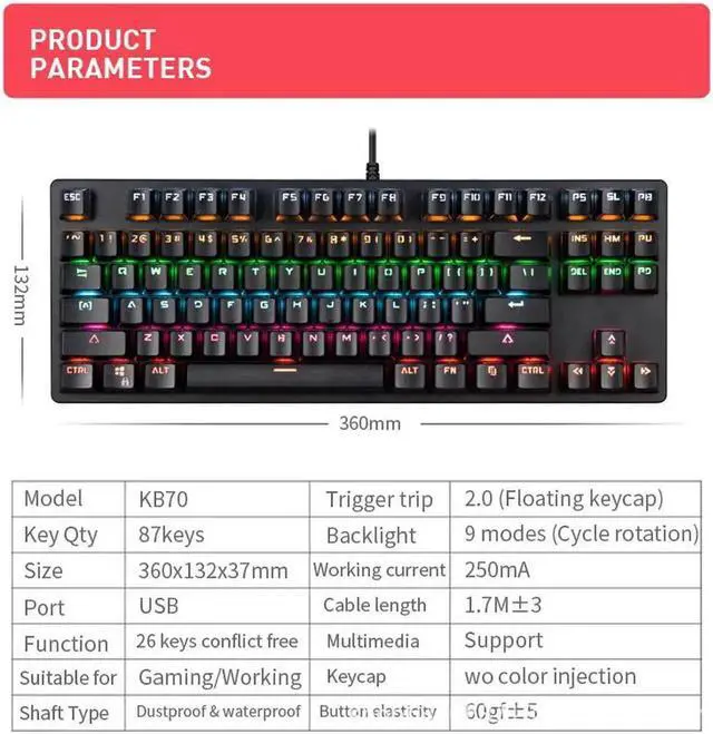 Alt view image 3 of 7 - Mechanical Keyboard 87 Keys Small Compact Multicolour LED Backlit Wired USB Gaming Keyboard with Blue Switches, Metal Construction, Water Resistant for Windows PC Laptop game
