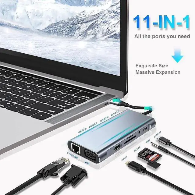 Main image of 11in1 USB C hub,USB hub with USB C Multiport Adapter, USB Splitter with 4K HDMI, VGA, RJ45, USB 3.0, 3*USB 2.0 Ports, 100W USB-C PD, 3.5mm Aux,USB c hub for MacBook/PC/Laptop/Tablet Devices