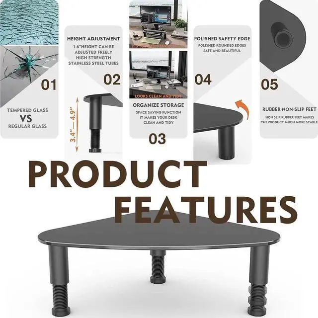 Alt view image 5 of 5 - Tempered Glass Computer Monitor Riser/Triangle Save Space Desktop Corner Stand for Computer Monitor & Laptop Black HD01B-003