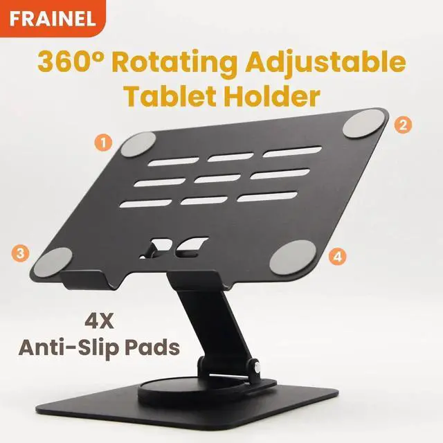 Alt view image 3 of 5 - FRAINEL 360° Rotating Adjustable iPad Stand Aluminum Alloy Tablet Holder with Anti-Slip Pads, Ventilated Back Panel, Infinite Angle Support Arm, Compatible with iPad, Kindle, Surface