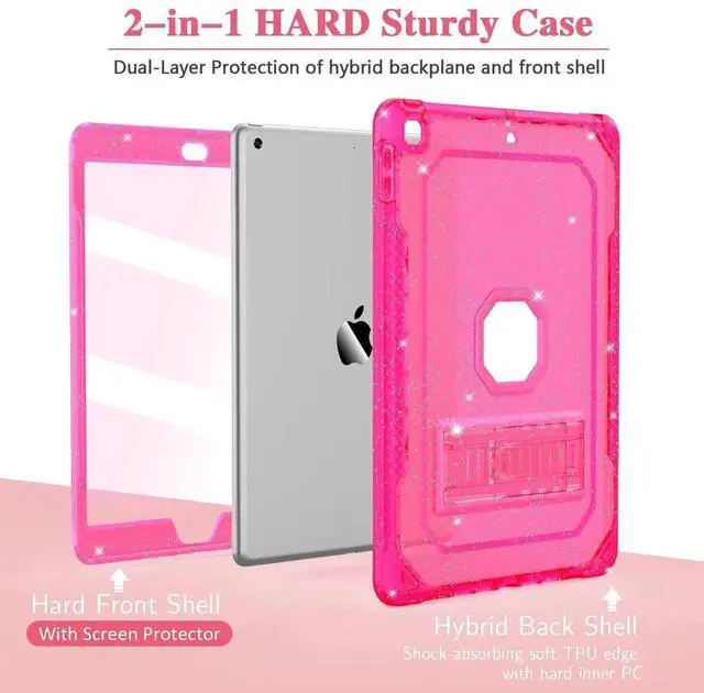 Alt view image 4 of 5 - ZoneFoker Case for iPad Air 2 Case, for iPad 6th/5th Generation 2018/2017, for Apple iPad 9.7 inch with Screen Protector/Stand, Glitter Hot Pink Full-Body Coverage Slim Cover for Girls Women Kids
