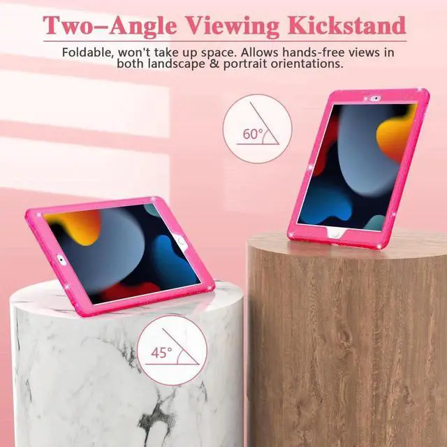 Alt view image 3 of 5 - ZoneFoker Case for iPad Air 2 Case, for iPad 6th/5th Generation 2018/2017, for Apple iPad 9.7 inch with Screen Protector/Stand, Glitter Hot Pink Full-Body Coverage Slim Cover for Girls Women Kids