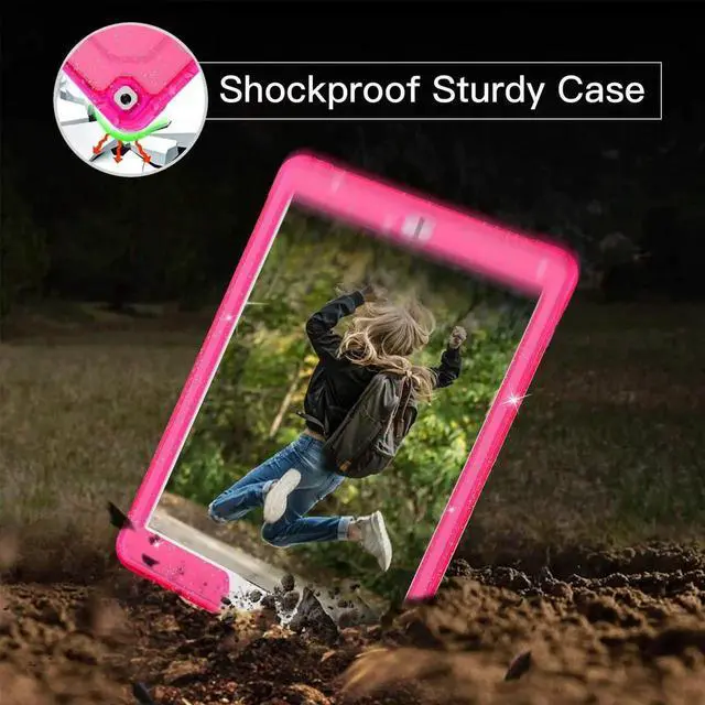 Alt view image 2 of 5 - ZoneFoker Case for iPad Air 2 Case, for iPad 6th/5th Generation 2018/2017, for Apple iPad 9.7 inch with Screen Protector/Stand, Glitter Hot Pink Full-Body Coverage Slim Cover for Girls Women Kids