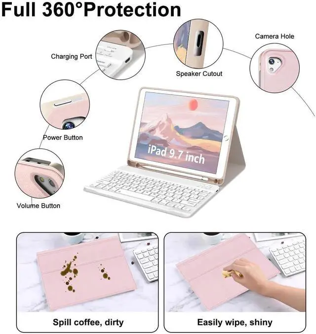 Alt view image 2 of 5 - for iPad Keyboard case 9.7 inch, iPad 6th Gen (2018), 5th Gen (2017), iPad Air 2 (2014), Air 1, iPad Pro (2016), Detachable Bluetooth Wireless Keyboard Folio Slim & Light Cover, Rechargeable, (Pink)