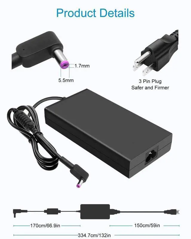 Alt view image 3 of 5 - 135W Fast Charger Fit for Acer Nitro 5 Gaming Laptop AN515-55 AN515-54 AN515-51 AN515-53 AN515-44 AN515-41 515-45 515-52 515-56 AN517-51 AN517-52 N17C1 N18C3 AC Adapter with Extended 10FT Power Cord