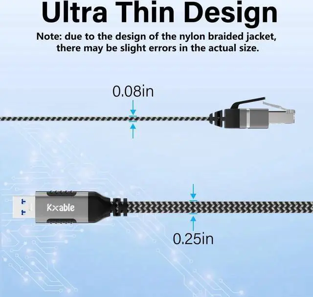 Alt view image 5 of 5 - Flat USB to Ethernet Cable 20 FT, USB 3.0 A to RJ45 Thin Cord, Directly Connected, Aluminum, Braided, OFC, USB to RJ45 Gigabit LAN Network Cable for Laptop, PC, Switch and More, OD: 0.8in x 0.25in