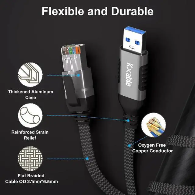 Alt view image 2 of 5 - Flat USB to Ethernet Cable 20 FT, USB 3.0 A to RJ45 Thin Cord, Directly Connected, Aluminum, Braided, OFC, USB to RJ45 Gigabit LAN Network Cable for Laptop, PC, Switch and More, OD: 0.8in x 0.25in