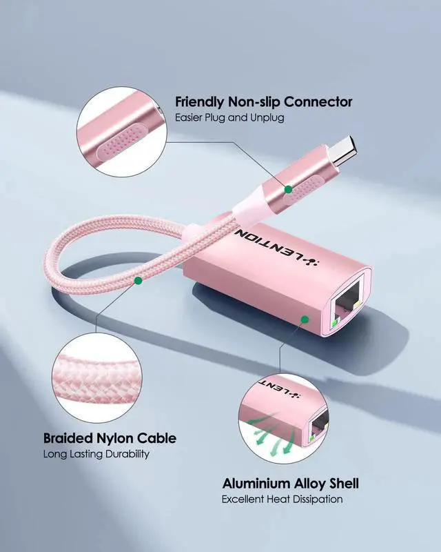 Alt view image 4 of 5 - LENTION USB C to Ethernet Adapter, RJ45 to Type C Gigabit Network 1000M Wired LAN Converter Compatible 2023-2016 MacBook Pro 13/15/16, New iPad Pro/Mac Air/Surface, More (CU604, Rose Gold)