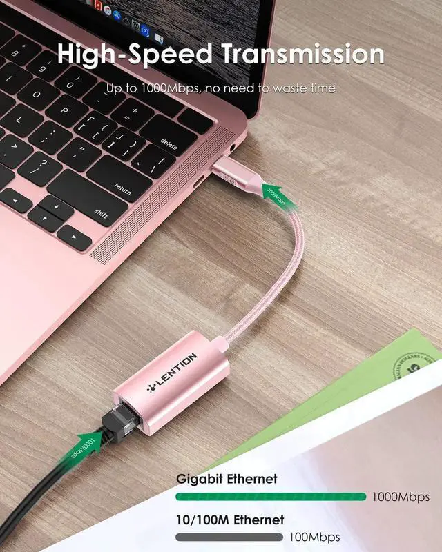 Alt view image 2 of 5 - LENTION USB C to Ethernet Adapter, RJ45 to Type C Gigabit Network 1000M Wired LAN Converter Compatible 2023-2016 MacBook Pro 13/15/16, New iPad Pro/Mac Air/Surface, More (CU604, Rose Gold)