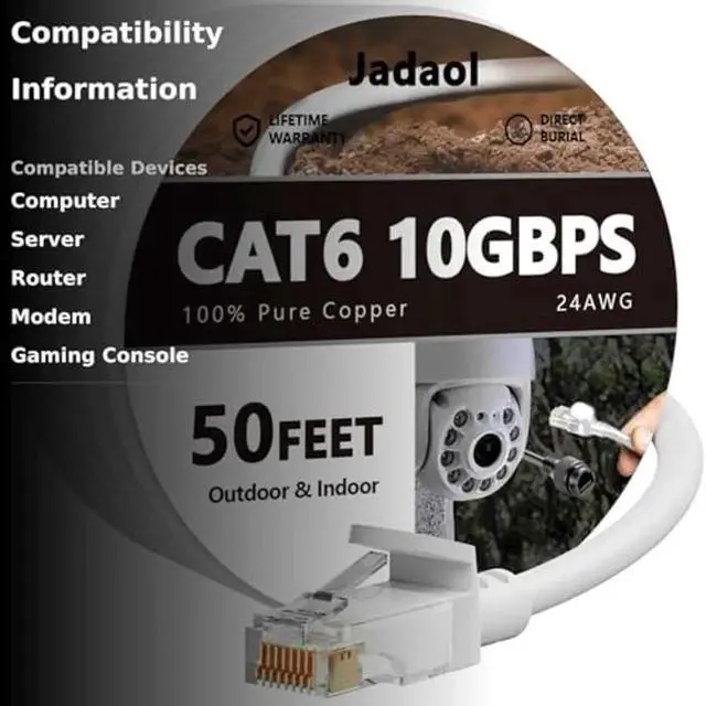 Alt view image 2 of 5 - Cat 6 Outdoor Ethernet Cable 50 ft, Support Cat8/7 Network, 10Gbps 550MHz, 24AWG Pure Copper, Direct Burial Waterproof In-Ground UV Resistant LAN Internet Patch Cable for Router, Modem, Switch, White