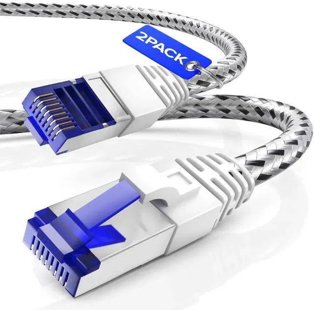 Cat7 Ethernet Cable 25ft, 2-Pack (White) - Braided High-Speed Network LAN Cables for Gaming, Streaming, Router, Modem, PC, PS5, Xbox - Durable & Tangle-Free Design, 2-Pack