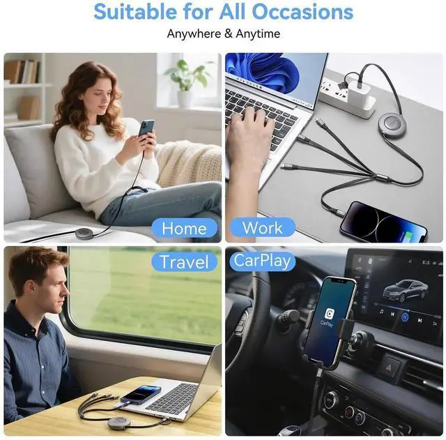 Alt view image 5 of 5 - 4 in 2 Retractable Charging Cable 4A,2Pack 4Ft Multi Chargers for All Devices,USBC Charging Cabel with A/C to Type C/L/Micro USB Ports Universal Multiple USB Cable for iPhone Series/Samsung/Tablets/PS