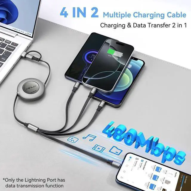 Alt view image 3 of 5 - 4 in 2 Retractable Charging Cable 4A,2Pack 4Ft Multi Chargers for All Devices,USBC Charging Cabel with A/C to Type C/L/Micro USB Ports Universal Multiple USB Cable for iPhone Series/Samsung/Tablets/PS