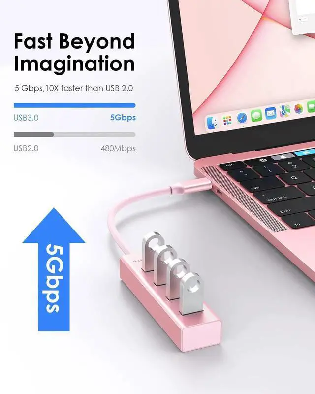 Alt view image 4 of 5 - LENTION 4-in-1 USB C Hub, 4 USB 3.0 Ports, USB C to USB A Multiport Adapter for 2023-2016 MacBook Pro, Mac Air & Surface, iPad Pro, Chromebook, More, Stable Driver Certified (CB-C22s, Rose Gold)