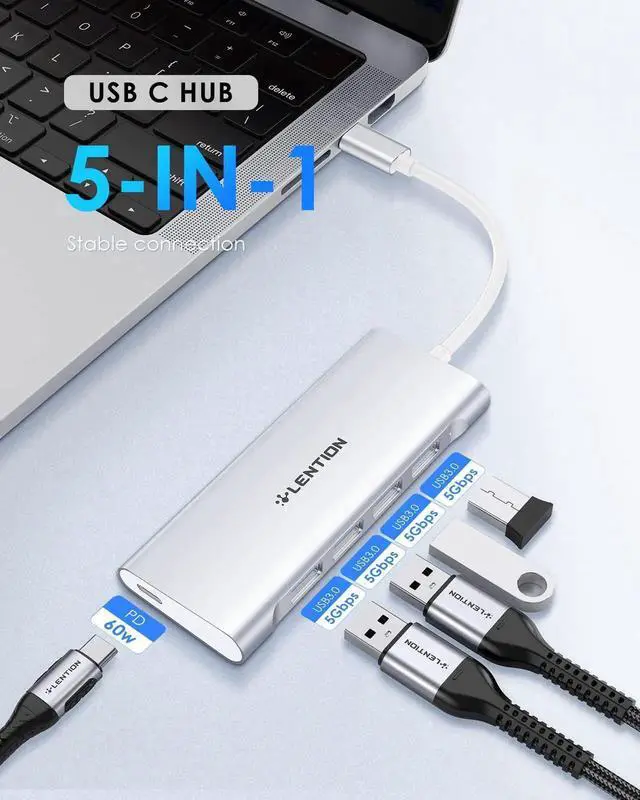Alt view image 5 of 5 - LENTION USB C Hub with 4 USB 3.0 & Type C Charging Compatible 2025-2016 MacBook Pro, New Mac Air, New Surface, Chromebook, More, Stable Driver Certified Type C Multiport Adapter (CB-C31, Silver)