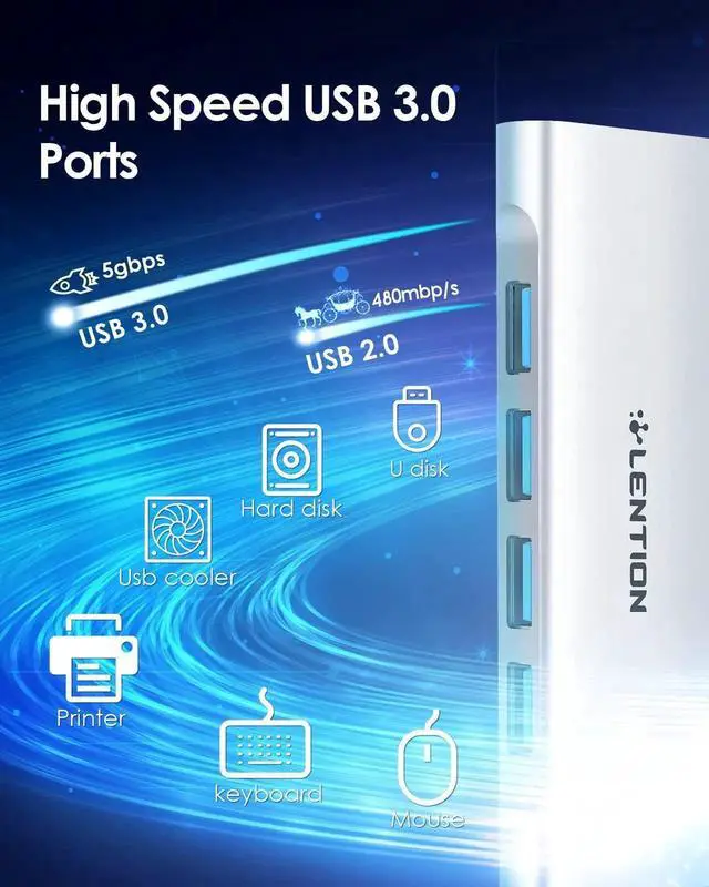 Alt view image 2 of 5 - LENTION USB C Hub with 4 USB 3.0 & Type C Charging Compatible 2025-2016 MacBook Pro, New Mac Air, New Surface, Chromebook, More, Stable Driver Certified Type C Multiport Adapter (CB-C31, Silver)