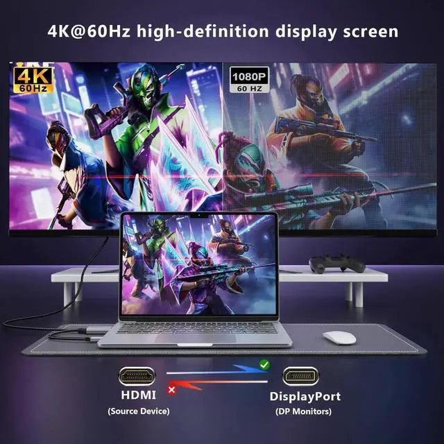 Alt view image 4 of 5 - SWITCHFLUX Active HDMI to DisplayPort Cable,4K@60Hz,1080P@120Hz 10FT Uni-Directional HDMI (Source) to DP (Display) Braided Cord Compatible with PC,Laptop,AMD,NVIDIA,PS5,Xbox