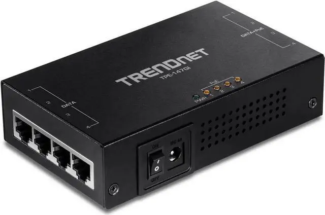 Main image of TRENDnet 65W 4-Port Gigabit PoE+ Injector, TPE-147GI, 4 x Gigabit Ports(Data in), 4 x gigabit PoE Ports(Data + PoE Out), Multi-Port PoE+ Injector up to 100m(328 ft.), Add PoE+ Power to Non-PoE Switch