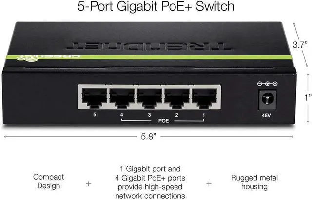 Alt view image 3 of 5 - TRENDnet 5-Port Gigabit PoE+ Switch, 31 W PoE Budget, 10 Gbps Switching Capacity, Plug & Play, Ethernet Network Switch, Data & Power through Ethernet to PoE Access Points and IP Cameras, Full & Half D
