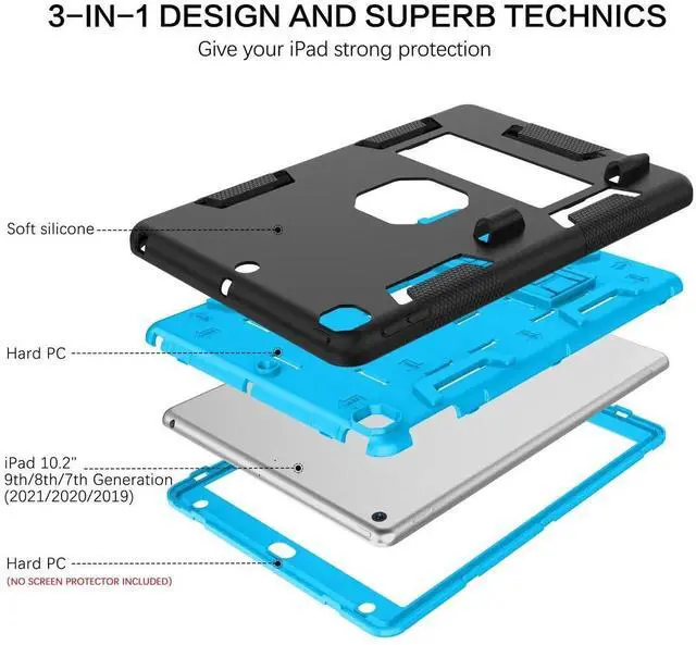 Alt view image 4 of 5 - BENTOBEN iPad 9th Generation Case, iPad 8th Generation Case, iPad 7th Gen Case, iPad 10.2 2021/2020/2019 Case, 3 in 1 Heavy Duty Rugged Shockproof Protective Cover with Stand Pen Holder, Black/Blue