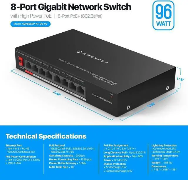 Alt view image 4 of 5 - Amcrest 8-Port POE+ Power Over Ethernet POE Switch with Metal Housing, 8-Ports POE+ 802.3af/at 96w (AGPS8E8P-AT-96-V2)