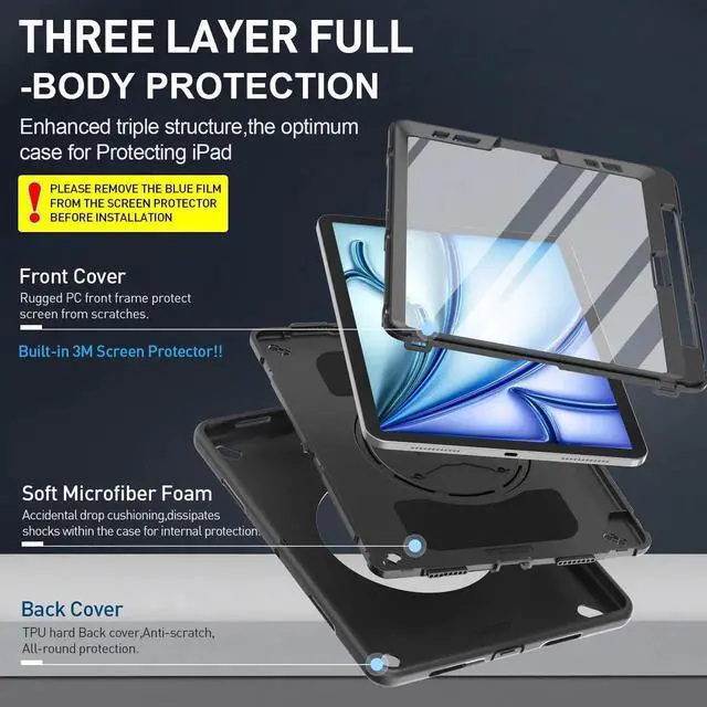 Alt view image 2 of 5 - SUPFIVES Case for iPad Air 11 Inch 7th/6th (2025/2024), iPad Pro 11 2022/2021/2020/2018,iPad Air 10.9 with Screen Protector, Black