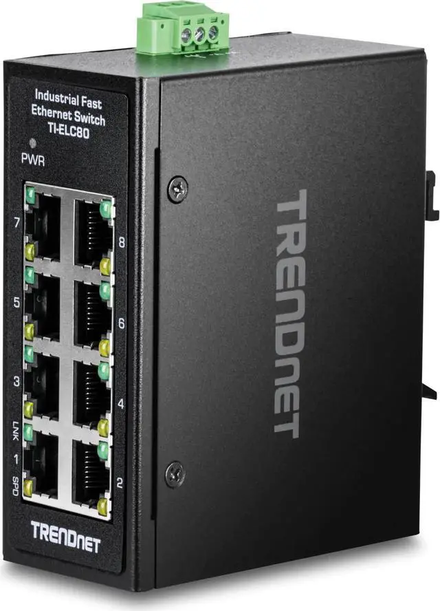 Main image of TRENDnet 8-Port Industrial Fast Ethernet DIN-Rail Mini Switch, TI-ELC80, 8 x 10/100Mbps Ports, IP30 Rated Housing, 1Gbps Switching Capacity, Black