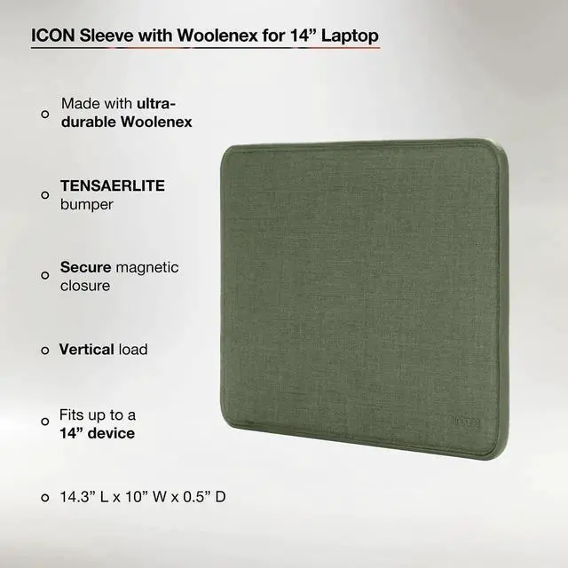 Alt view image 2 of 5 - Incase ICON Sleeve with Woolenex - MacBook Pro 14 inch Case - 2024, 2023, 2022, 2021, M4, M3, M2, M1 - Fitted MacBook Case, Laptop Sleeve, Hard Cover, Durable, Lightweight - Huntmaster Green